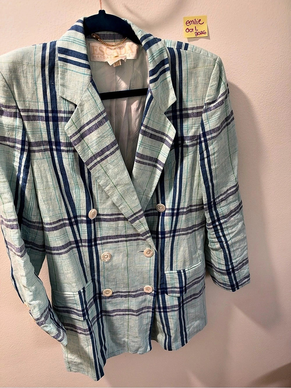 Vintage 1990s Escada Plaid Linen Blazer in Light Blue Size 36